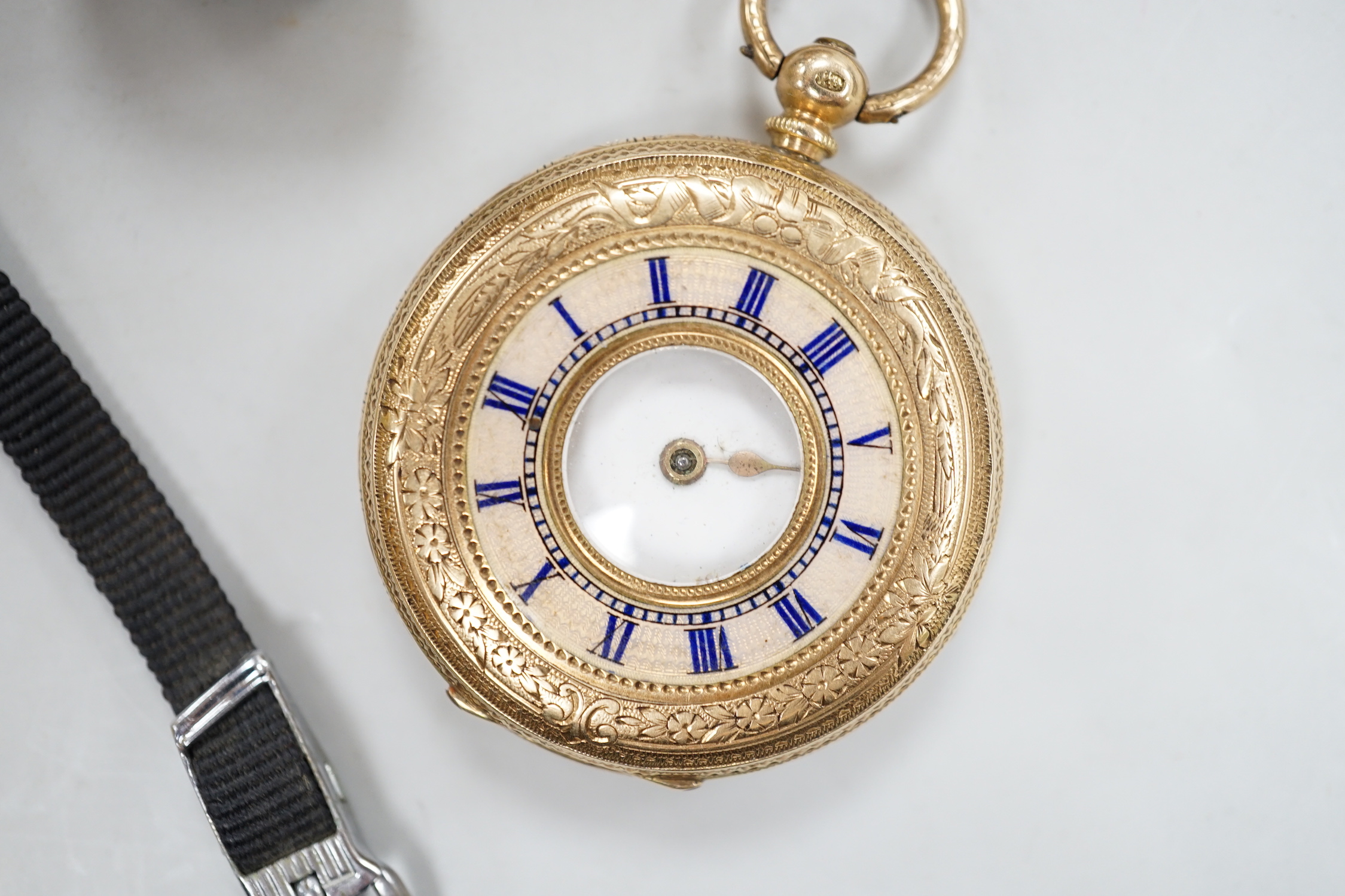 A modern 9ct gold rope twist chain, 39.5cm, 7.8 grams, two 14k fob watches, one with enamelled chapter ring, a silver wrist watch, agate brooch and a gilt metal fob seal.